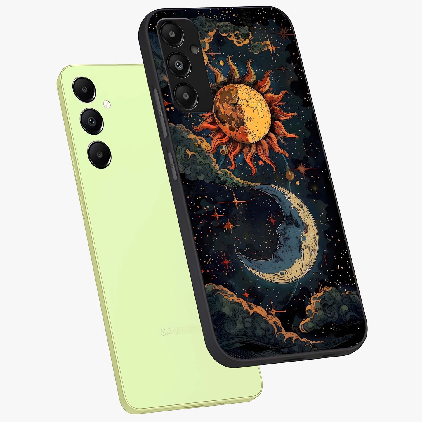 Sun And Moon Magic Design Glass Case displayed in angled mockup highlighting celestial design with magical cosmic aesthetic.