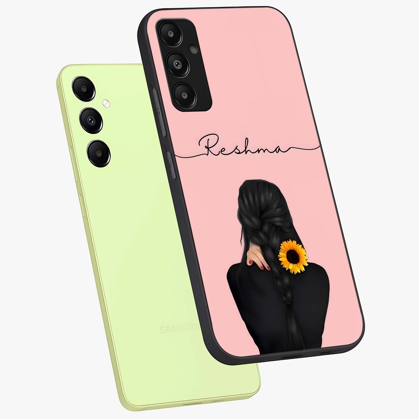 Sunflower Braid Beauty With Custom Name Glass Case displayed in angled mockup highlighting elegant sunflower design with custom name feature.