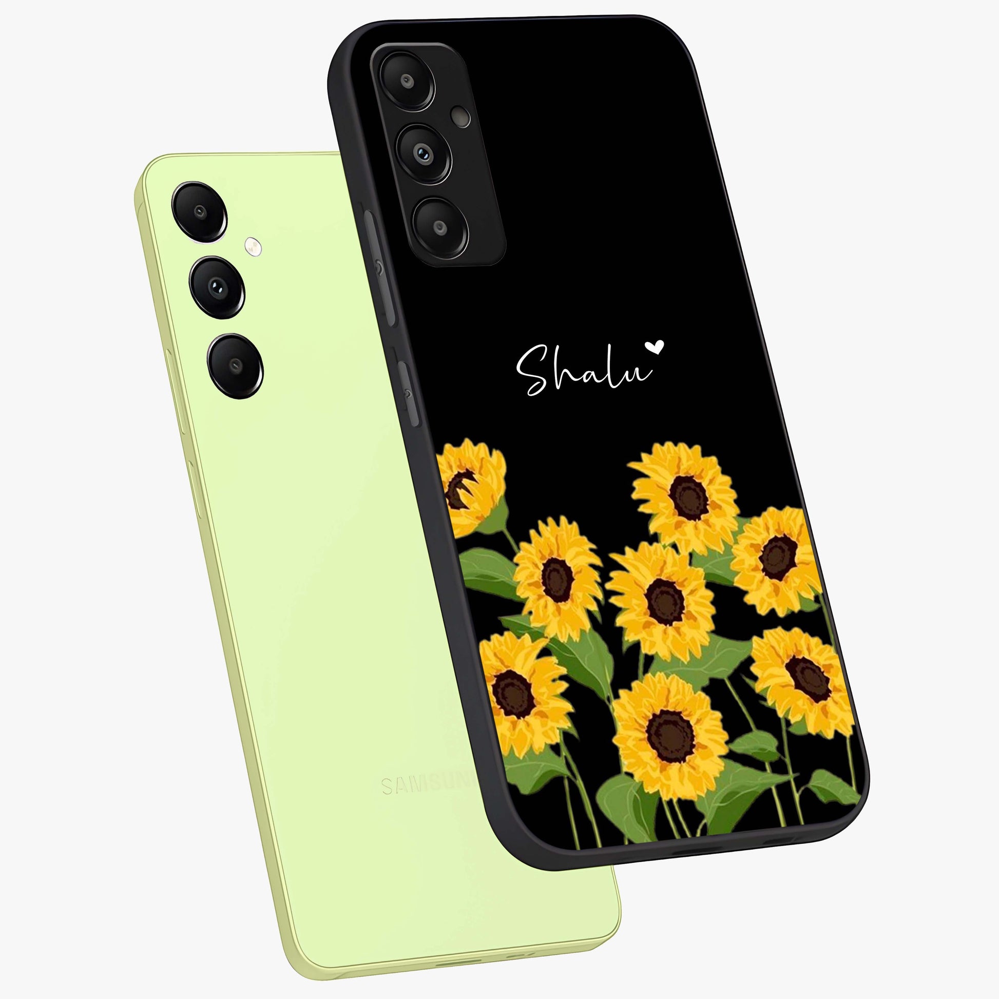 Sunflower Chic Mood Custom Name Glass Case displayed in angled mockup highlighting vibrant sunflower design with custom name feature.