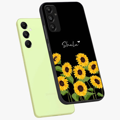 Sunflower Chic Mood Custom Name Glass Case displayed in angled mockup highlighting vibrant sunflower design with custom name feature.