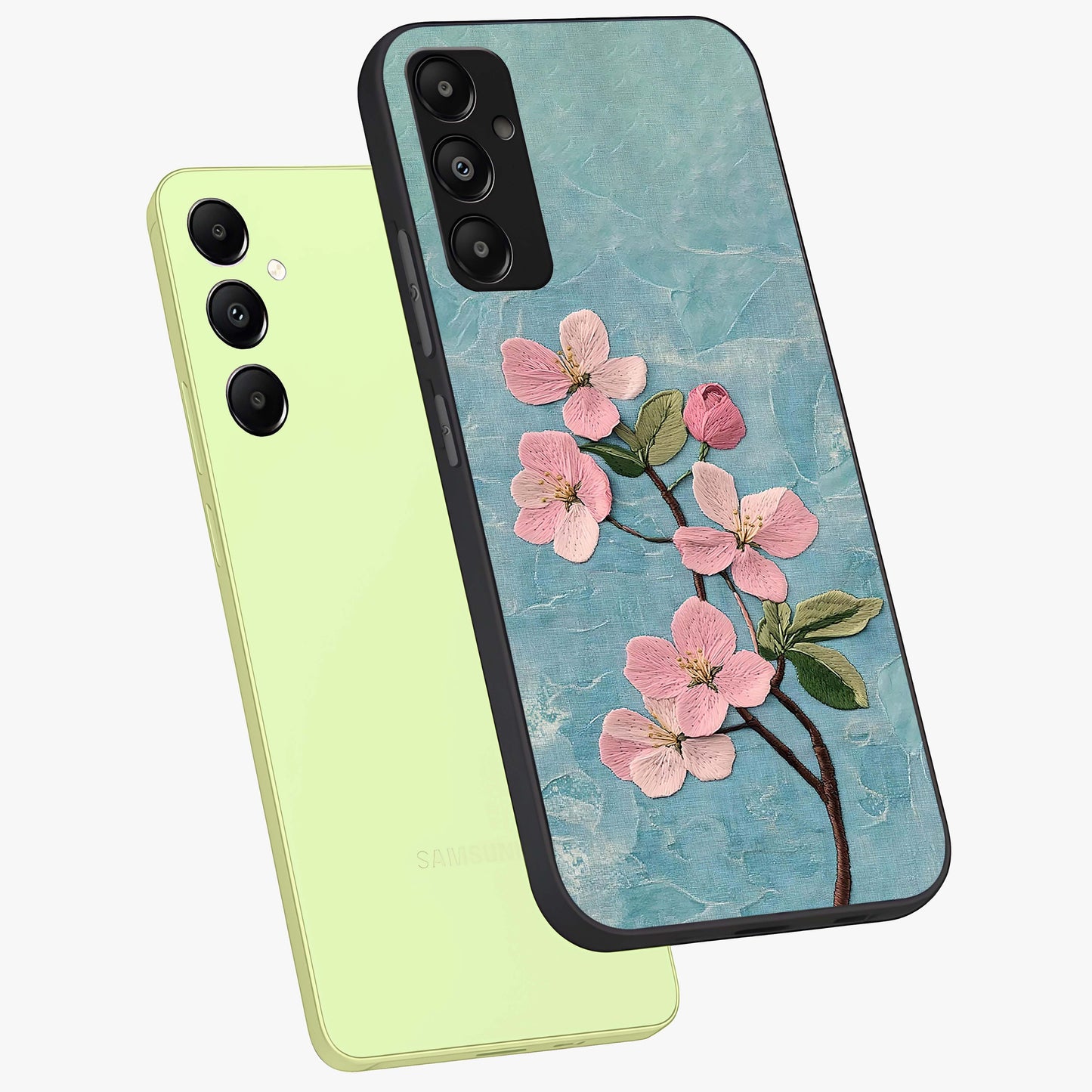 Threaded Blossom Breeze Glass Case displayed in angled mockup highlighting elegant floral design with soft aesthetic style.