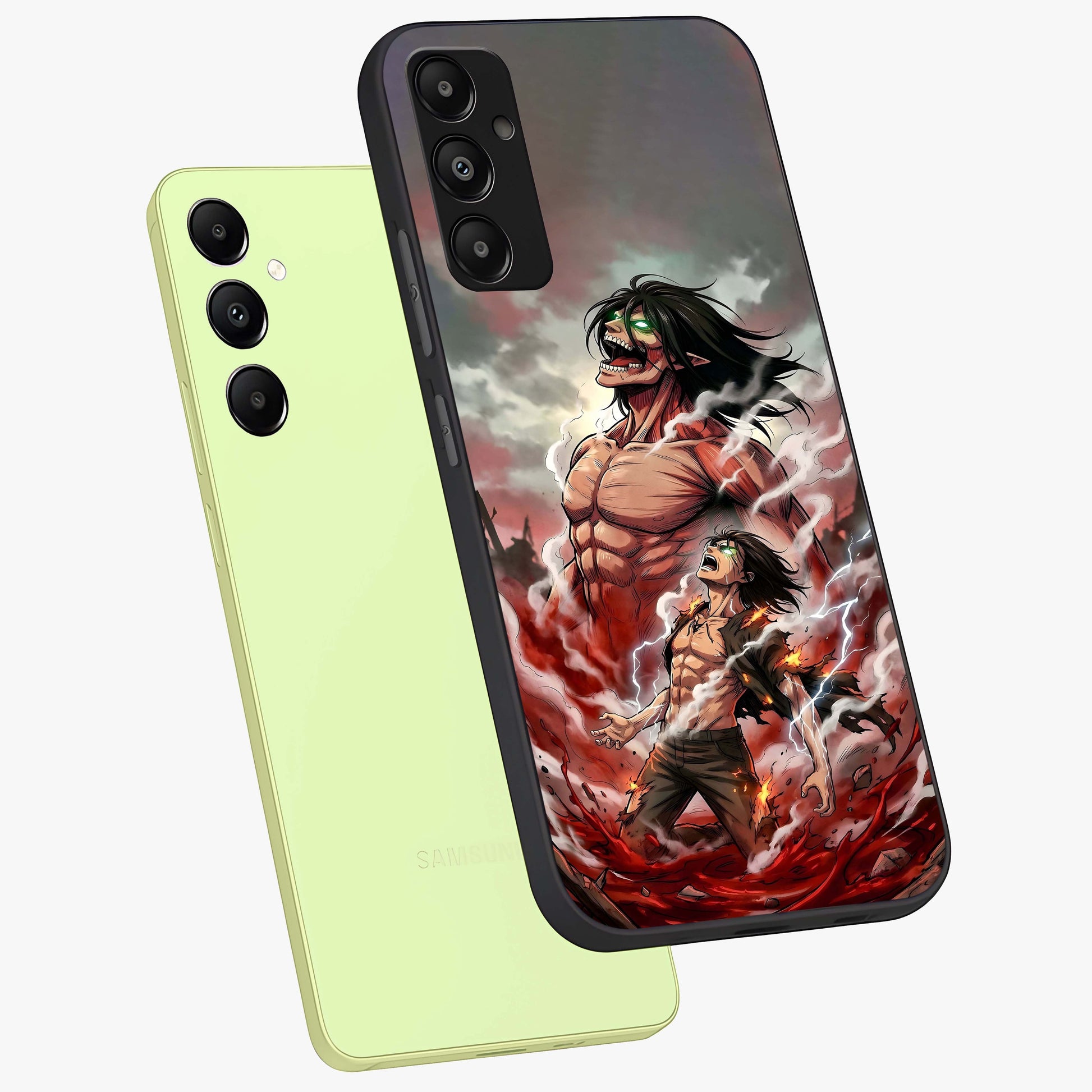 Titan Awakening Fury Glass Case displayed in angled mockup highlighting dramatic giant warrior design with bold anime aesthetic.