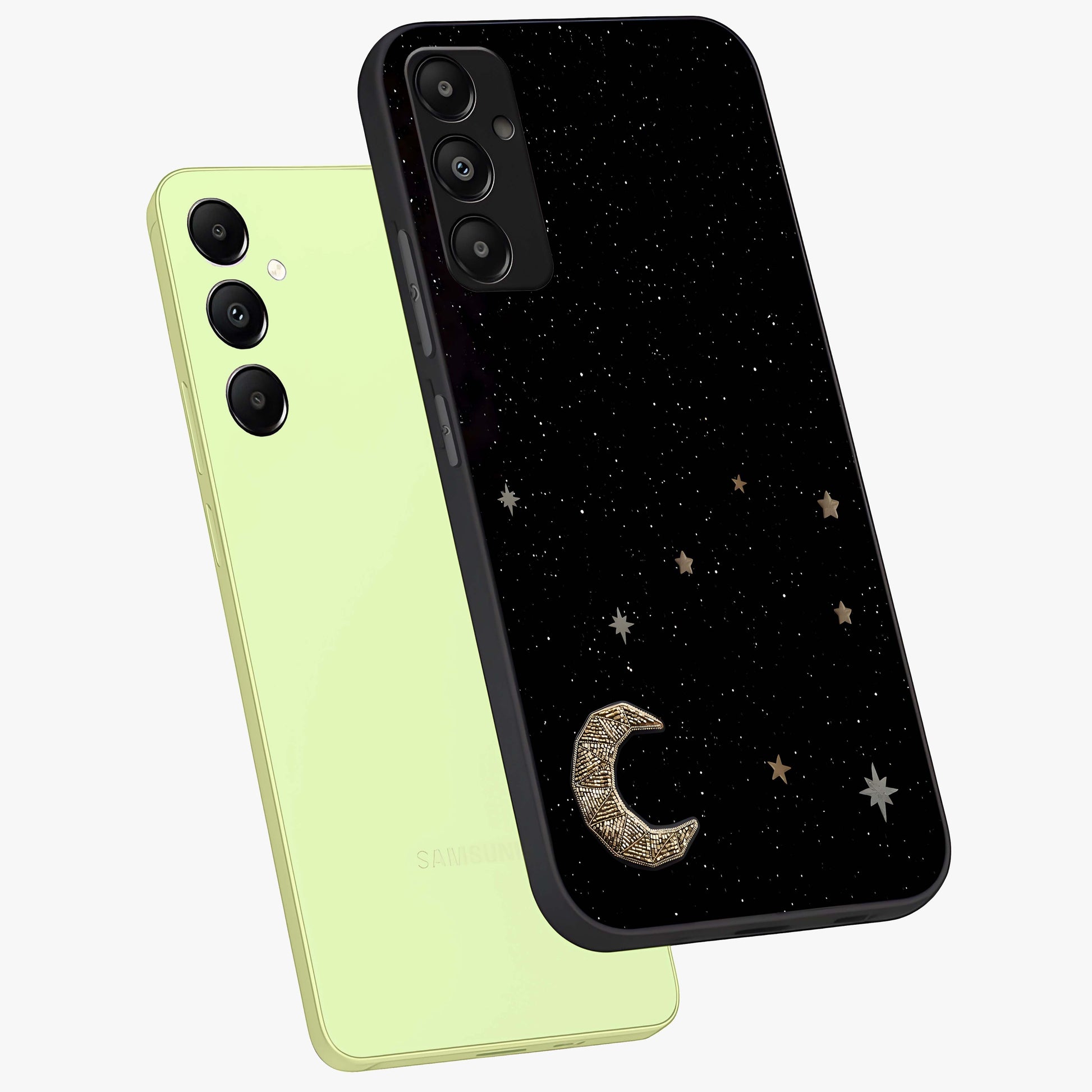 Twinkle Star With Half Moon Glass Case displayed in angled mockup highlighting celestial moon and star design with magical aesthetic.