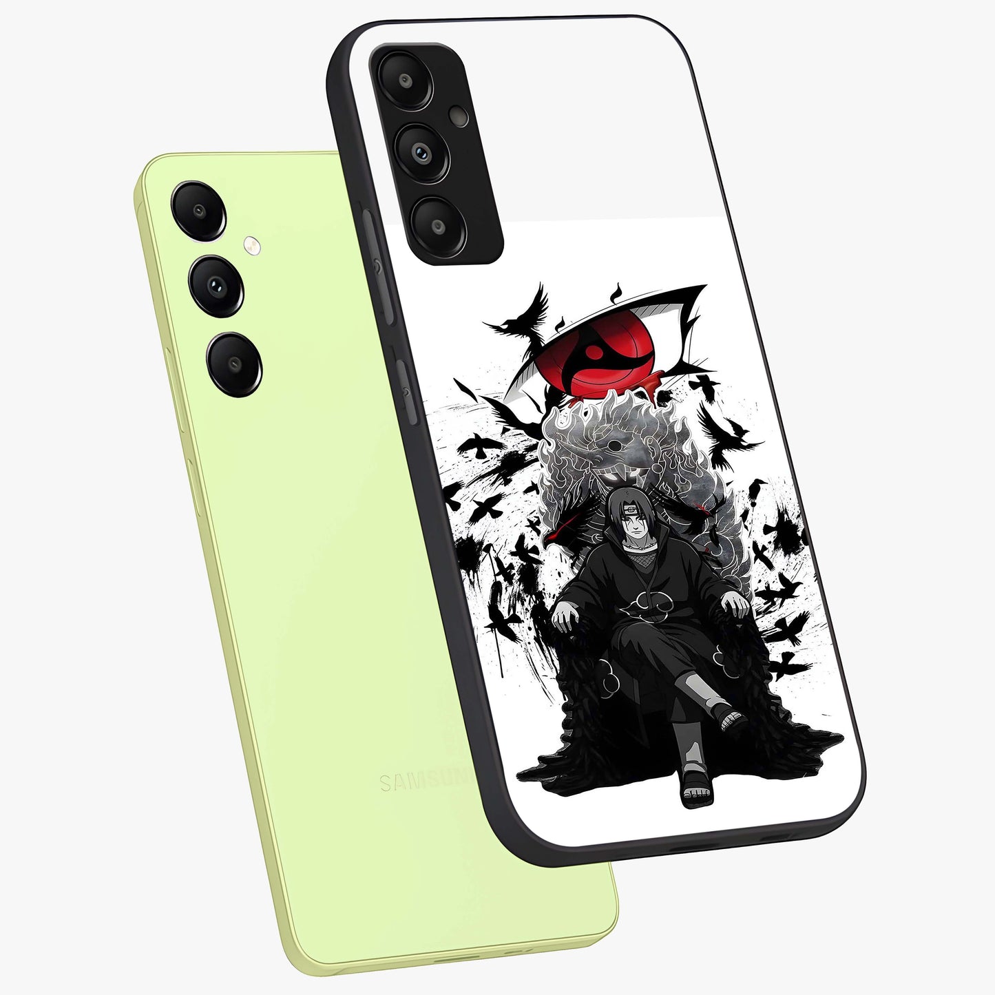 Uchiha Shadow Throne Glass Case displayed in angled mockup highlighting glowing aquatic design with celestial aesthetic.
