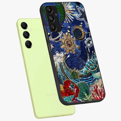 Universe Underwater Spark Glass Case displayed in angled mockup highlighting glowing aquatic design with celestial aesthetic.