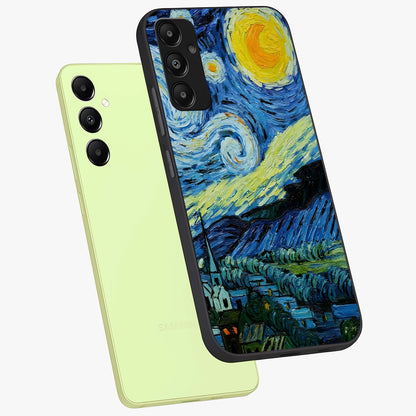 Van Gogh Art Glass Case displayed in angled mockup highlighting swirling brushstroke design with artistic aesthetic.