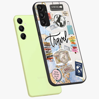 Wanderlust Journal Glass Case displayed in angled mockup highlighting adventure themed design with aesthetic travel vibe.