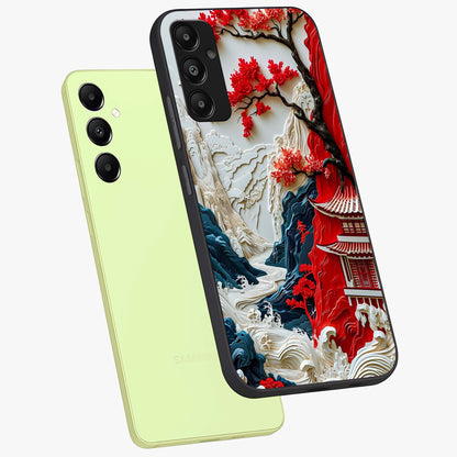 Whispers Of Sakura Waves Glass Case displayed in angled mockup highlighting flowing sakura design with soft floral aesthetic.