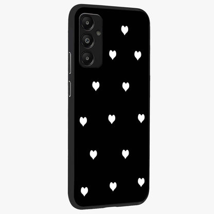 Cute And Simple White Hearts Glass Case upright view showcasing simple white hearts artwork with soft minimal theme.