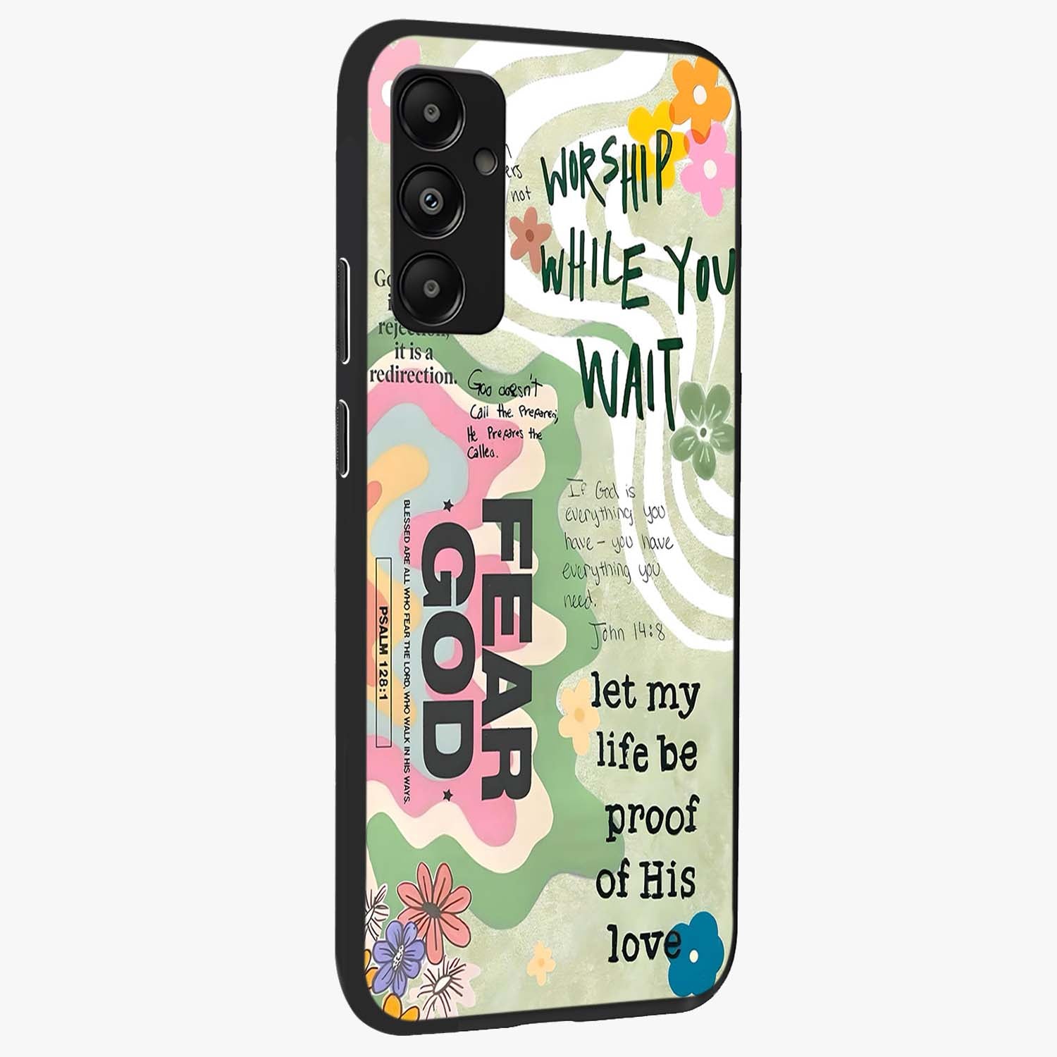 Faith Over Fear Glass Case upright view showcasing bold typography artwork with uplifting motivational theme.