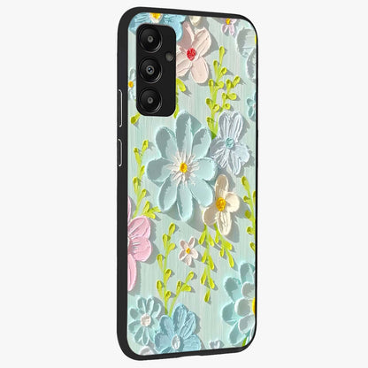 Frosted Petal Garden Glass Case upright view showcasing elegant floral garden artwork with soothing pastel theme.