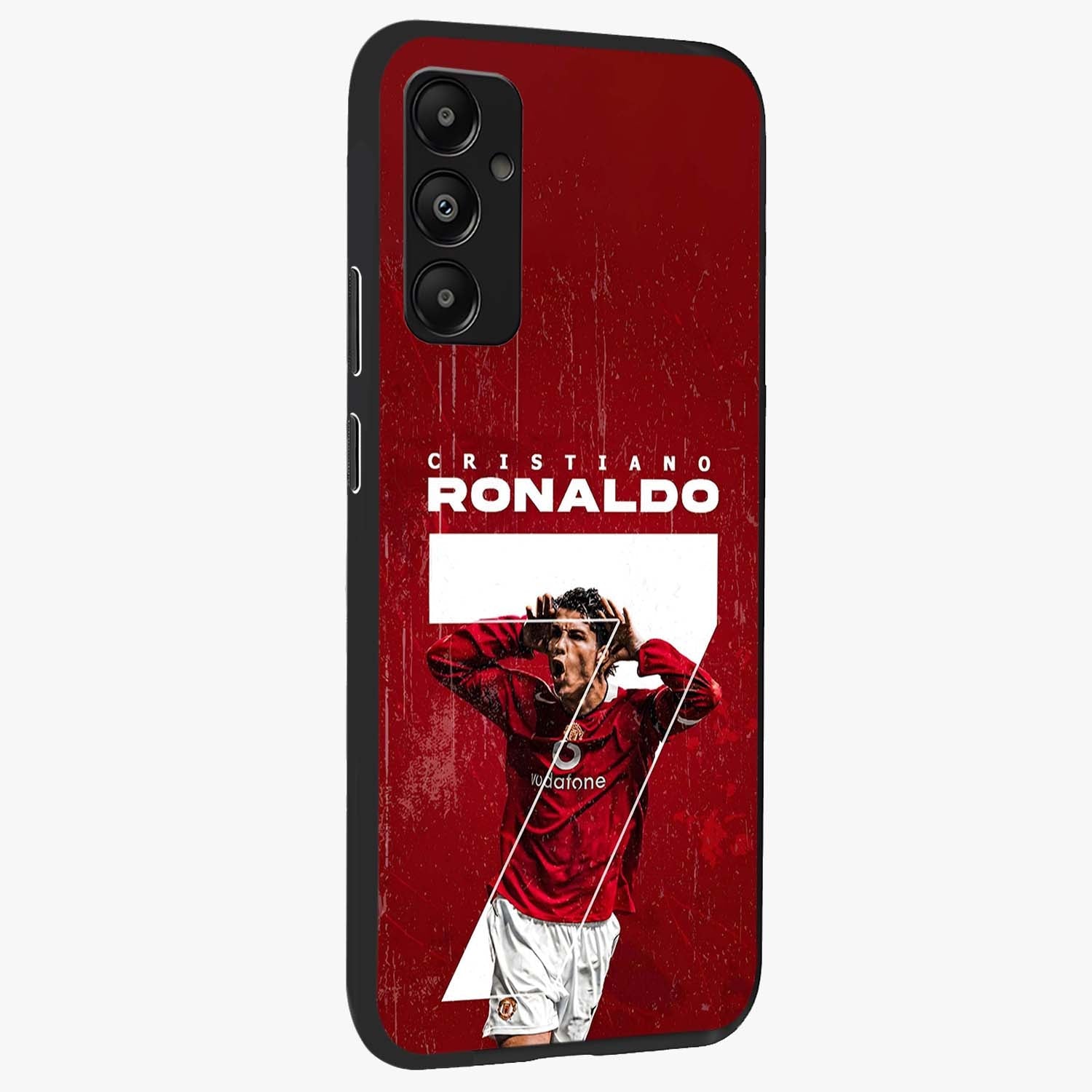 Goal Celebration Legacy Glass Case upright view showcasing dynamic football inspired artwork with victory celebration aesthetic.