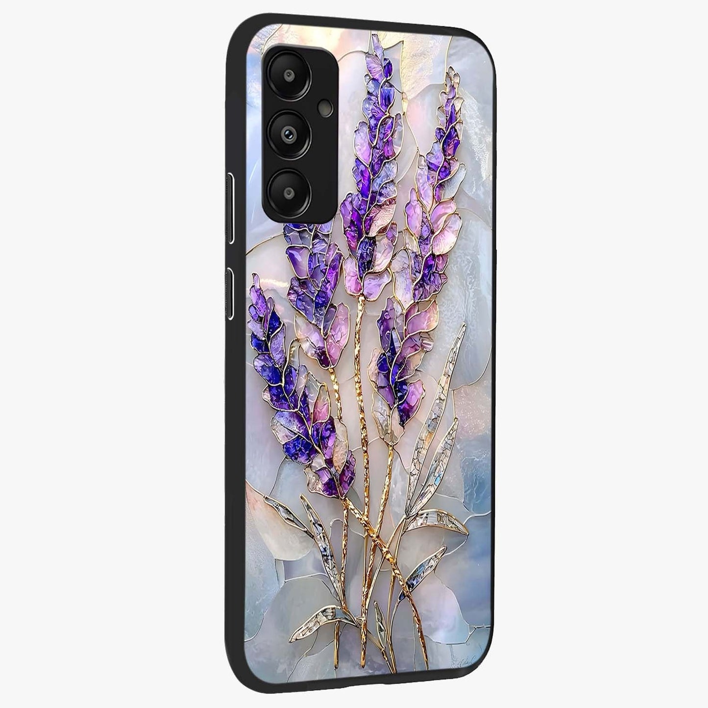 Lavender Dream Glow Glass Case upright view showcasing radiant lavender glow artwork with calming dreamy theme.