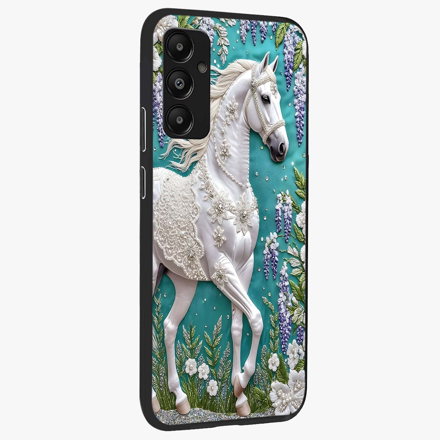Majestic Floral Stallion Glass Case upright view showcasing dramatic horse artwork with decorative floral theme.