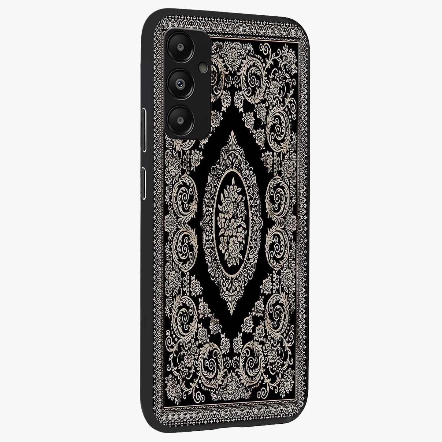 Noir Bloom Elegance Glass Case upright view showcasing graceful floral artwork with luxurious dark theme.