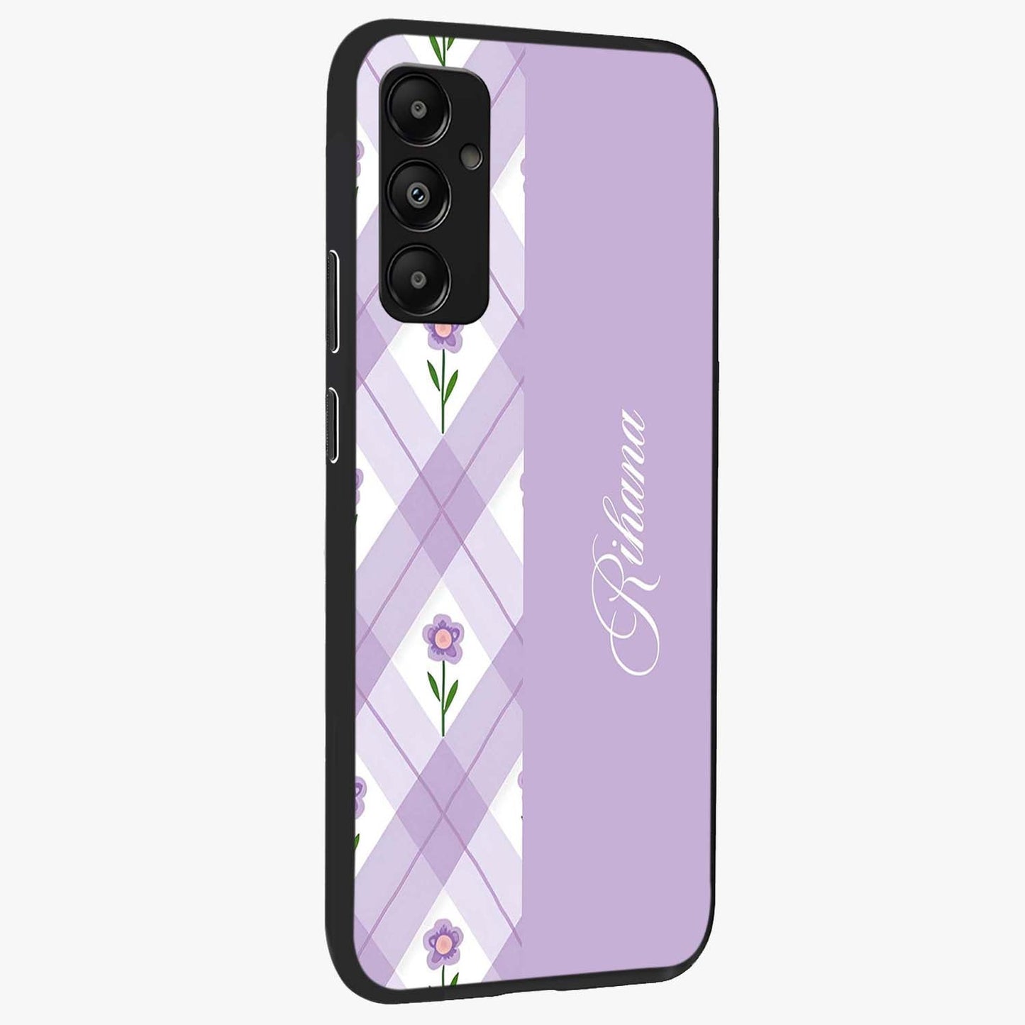 Purple Diamond Floral Glass Case upright view showcasing vibrant floral artwork with stylish geometric theme.
