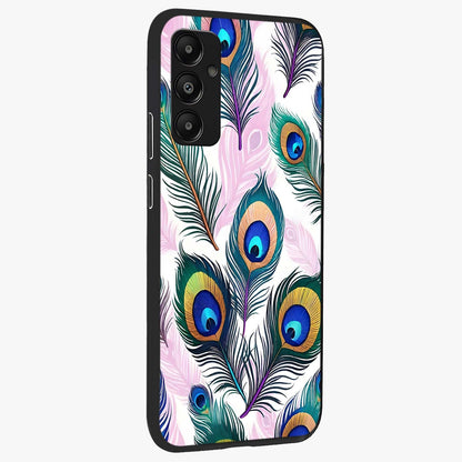 Royal Peacock Feathers Glass Case upright view showcasing elegant peacock feather artwork with decorative royal theme.