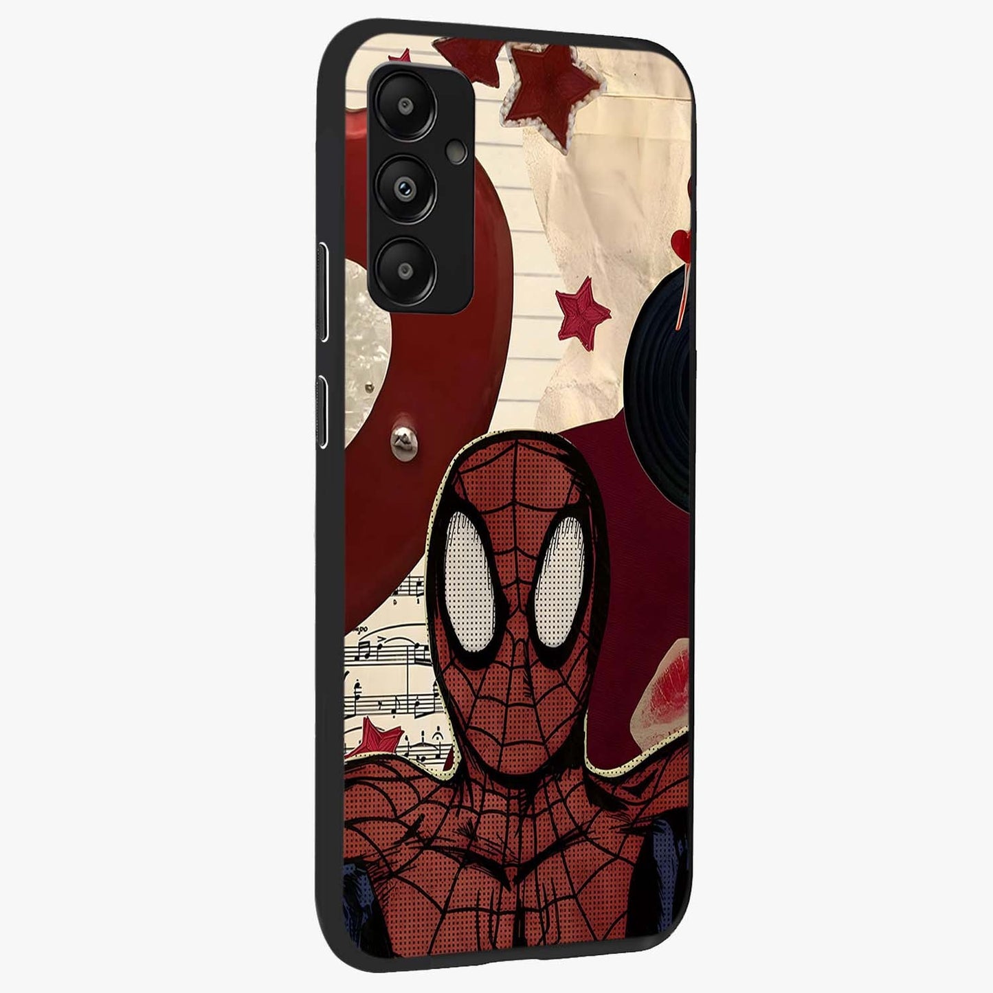 Web Warrior Vibes Glass Case upright view showcasing energetic superhero artwork with bold action theme.