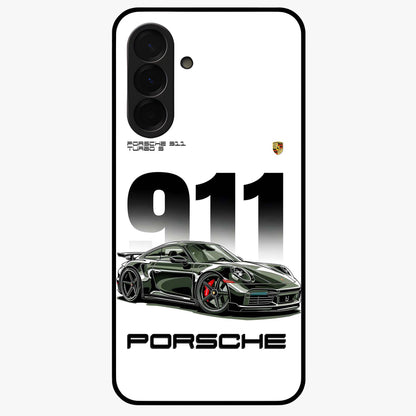 911 Turbo Dominance Glass Case showing clean flat back view with bold 911 sports car artwork and glossy glass finish.