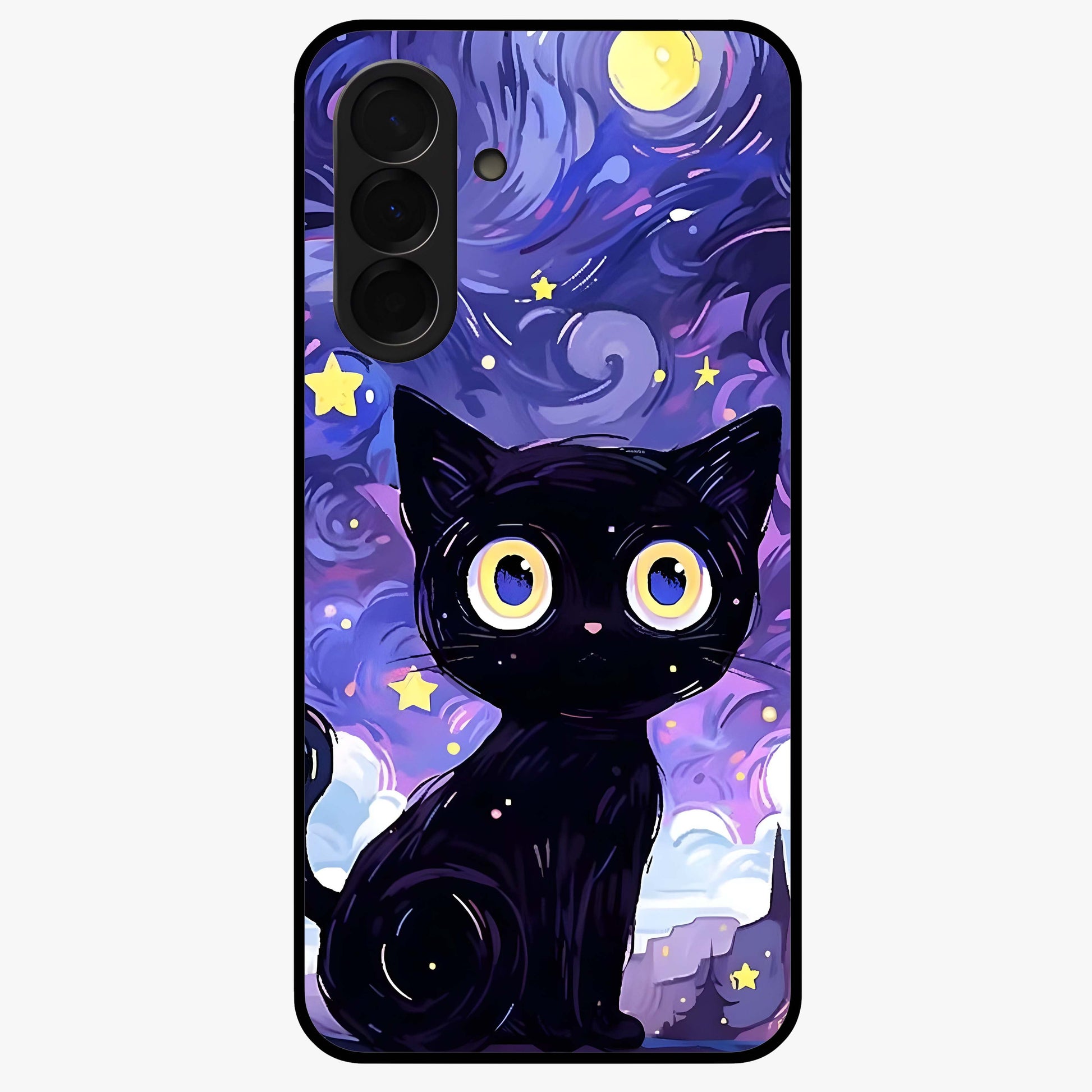 Abstract Cat Art Glass Case showing flat back view with artistic cat illustration and glossy glass finish.