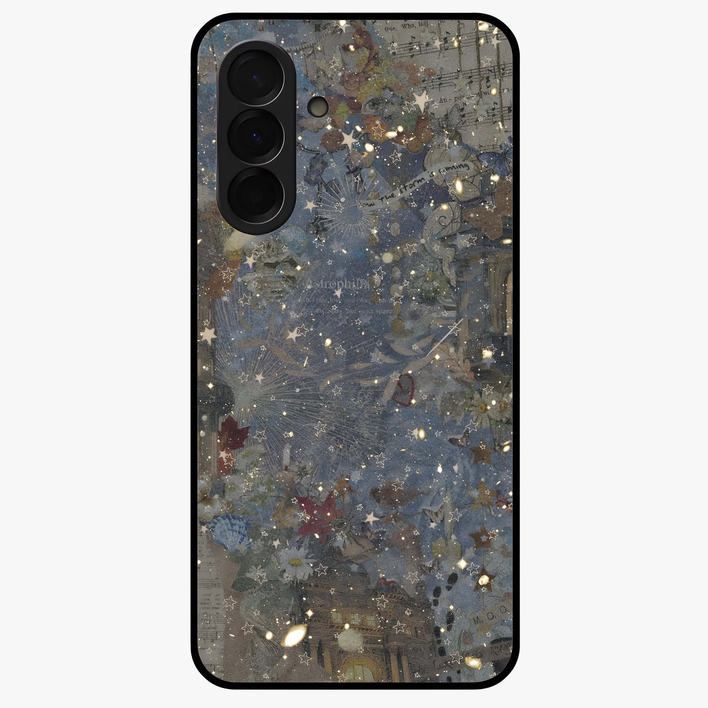 Aesthetic Astrolophia Glass Case showing flat back view with dreamy aesthetic design and glossy glass finish.