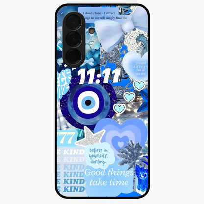 Aesthetic Be Kind Eye Glass Case showing flat back view with motivational eye artwork and glossy glass finish.