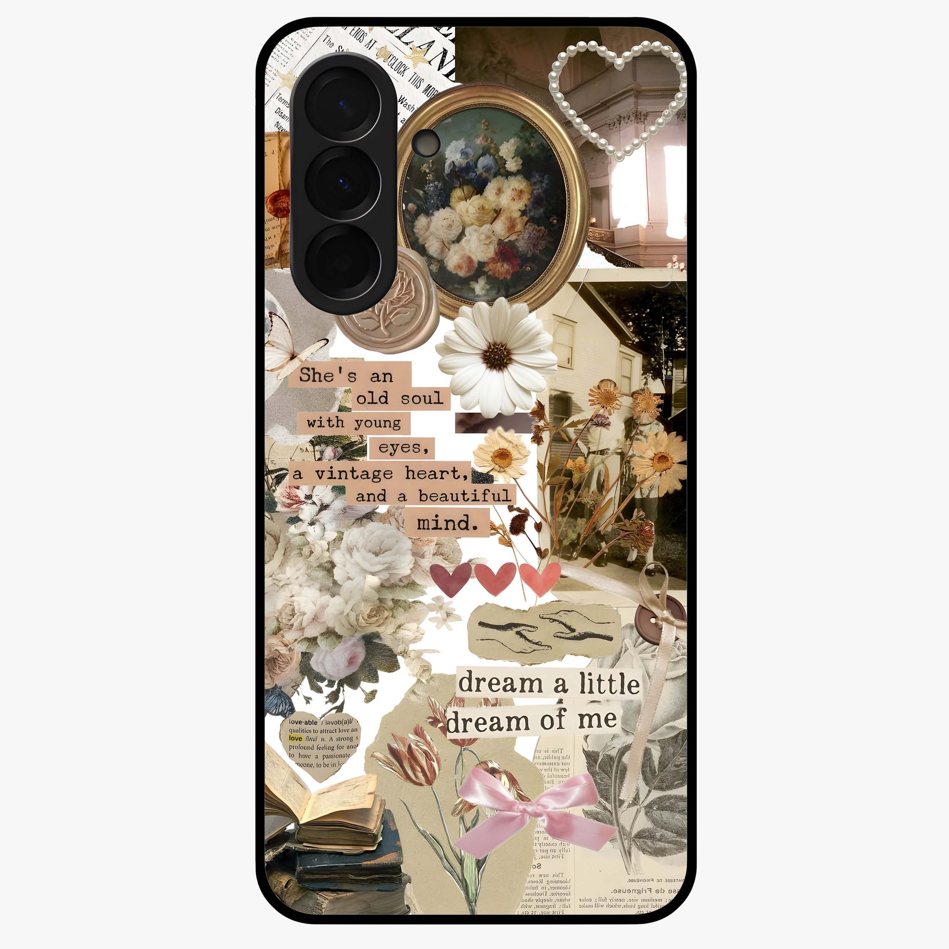 Aesthetic Brown Vintage Collage Glass Case showing flat back view with retro collage artwork and glossy glass finish.