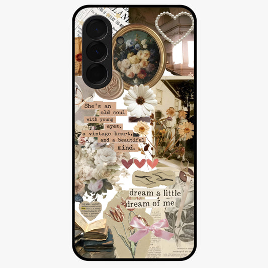 Aesthetic Brown Vintage Collage Glass Case showing flat back view with retro collage artwork and glossy glass finish.