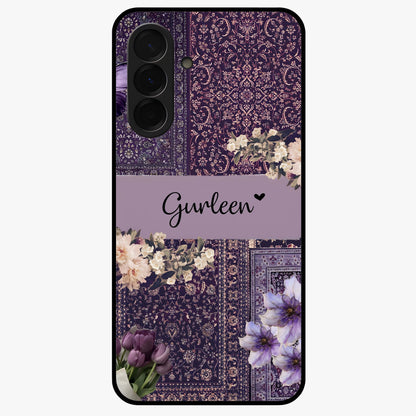 Antique Floral Whisper Custom Name Glass Case showing flat back view with vintage floral artwork and personalized name design.