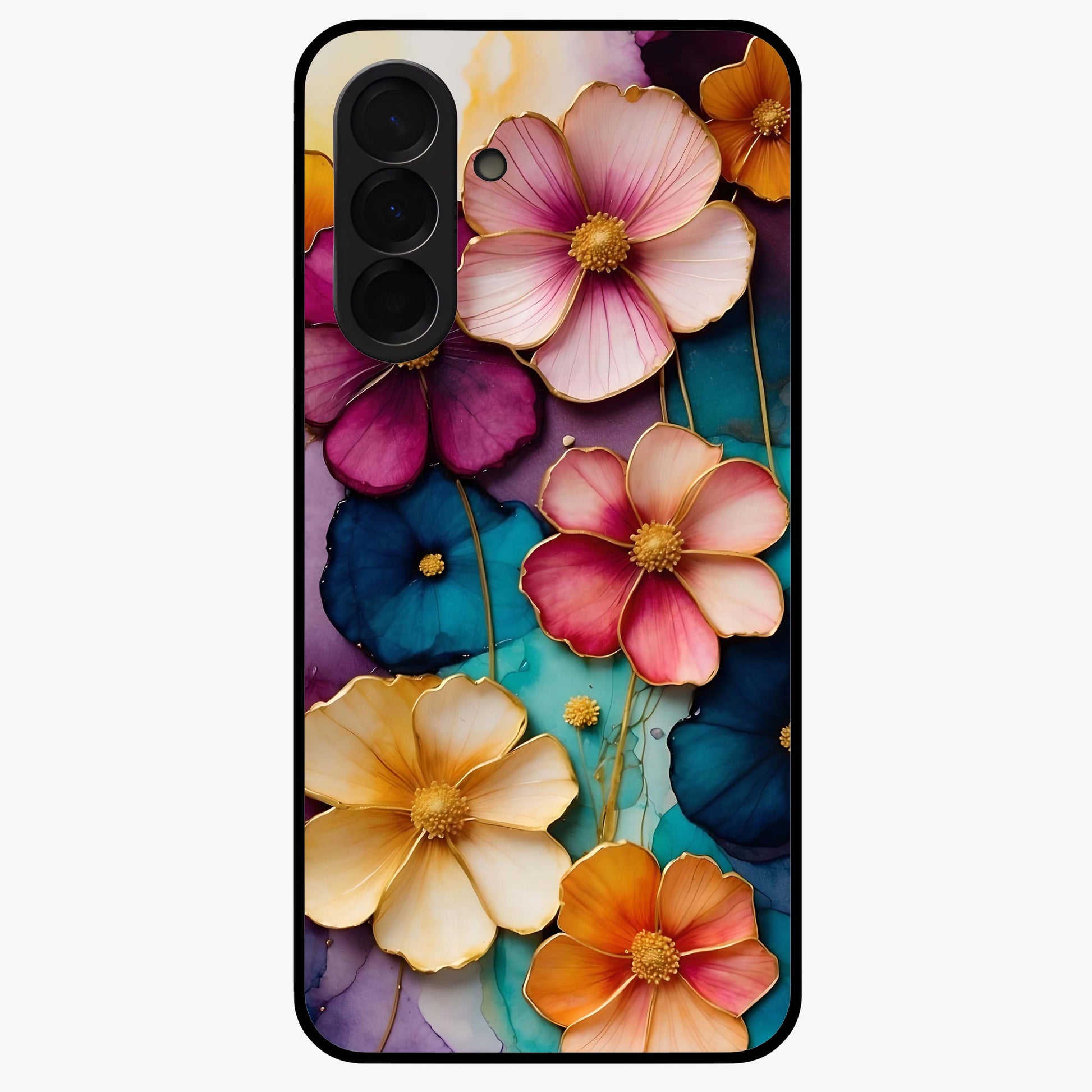 Artlyn Grace Flower Pattern Glass Case showing flat back view with elegant floral pattern artwork and glossy glass finish.