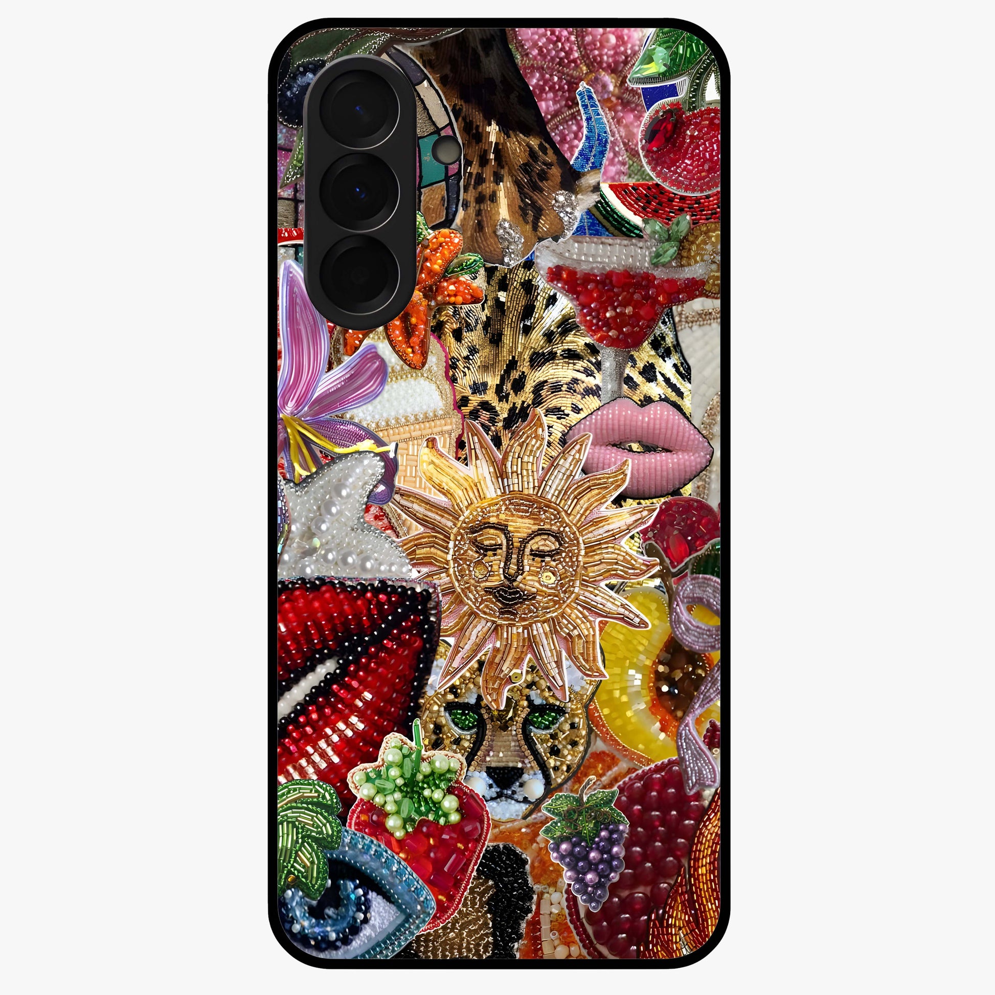 Beaded Fashion Jungle Glass Case showing flat back view with vibrant jungle inspired bead artwork and glossy glass finish.