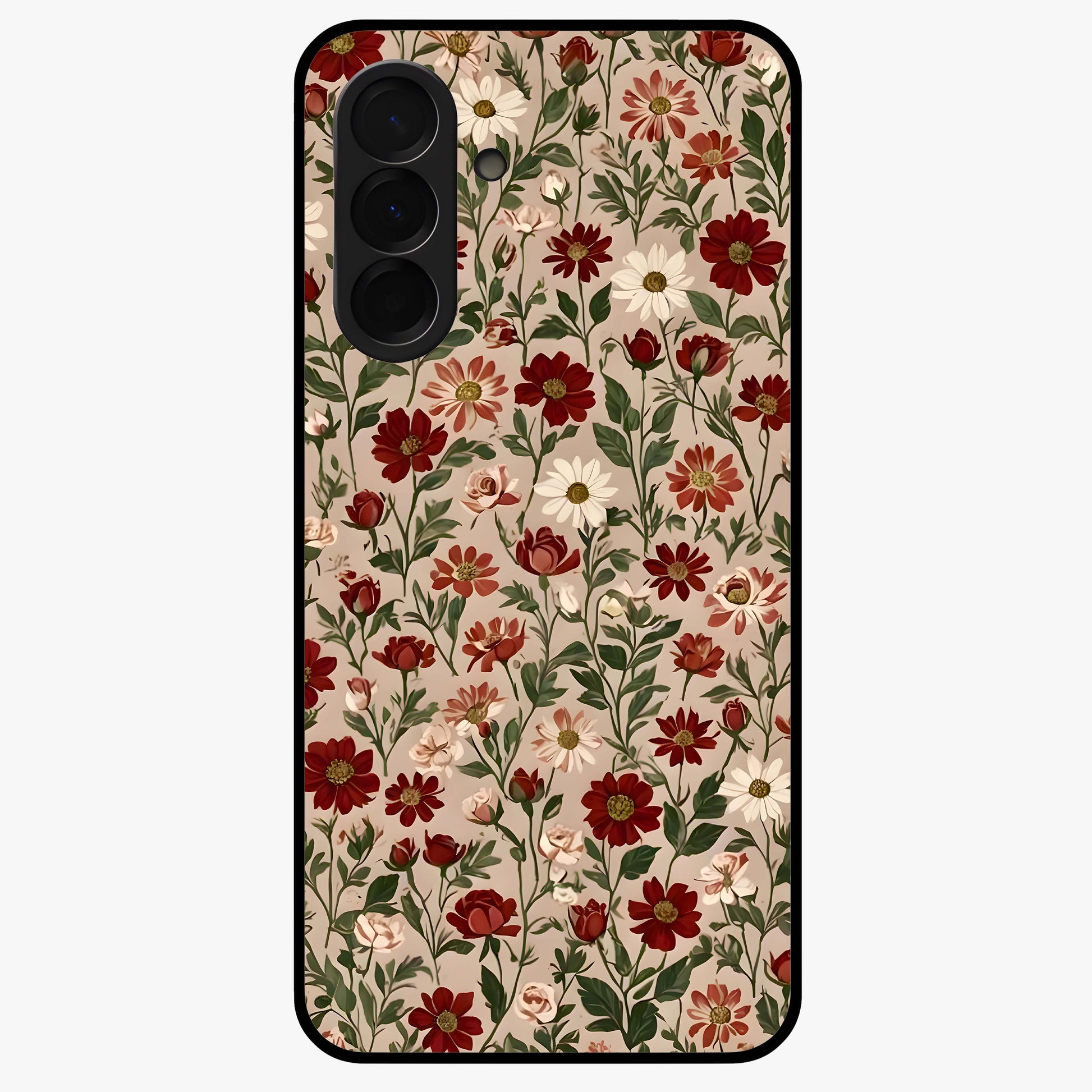 Biege Flower With Leaf Glass Case showing flat back view with soft beige floral artwork and glossy glass finish.