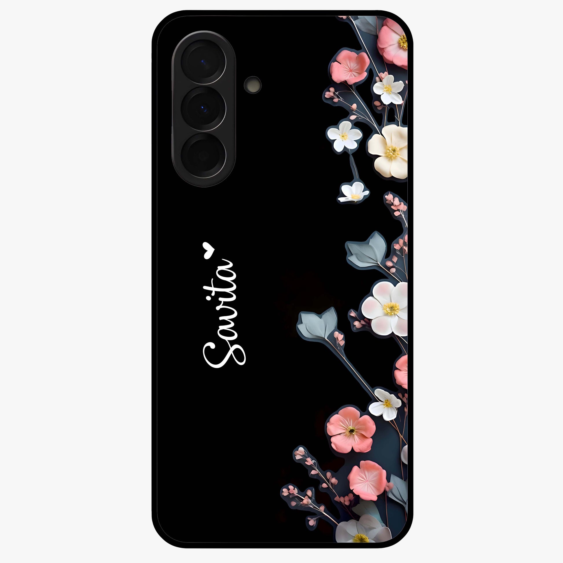 Black Elegance Floral Custom Name Glass Case showing flat back view with elegant floral artwork and personalized name design.