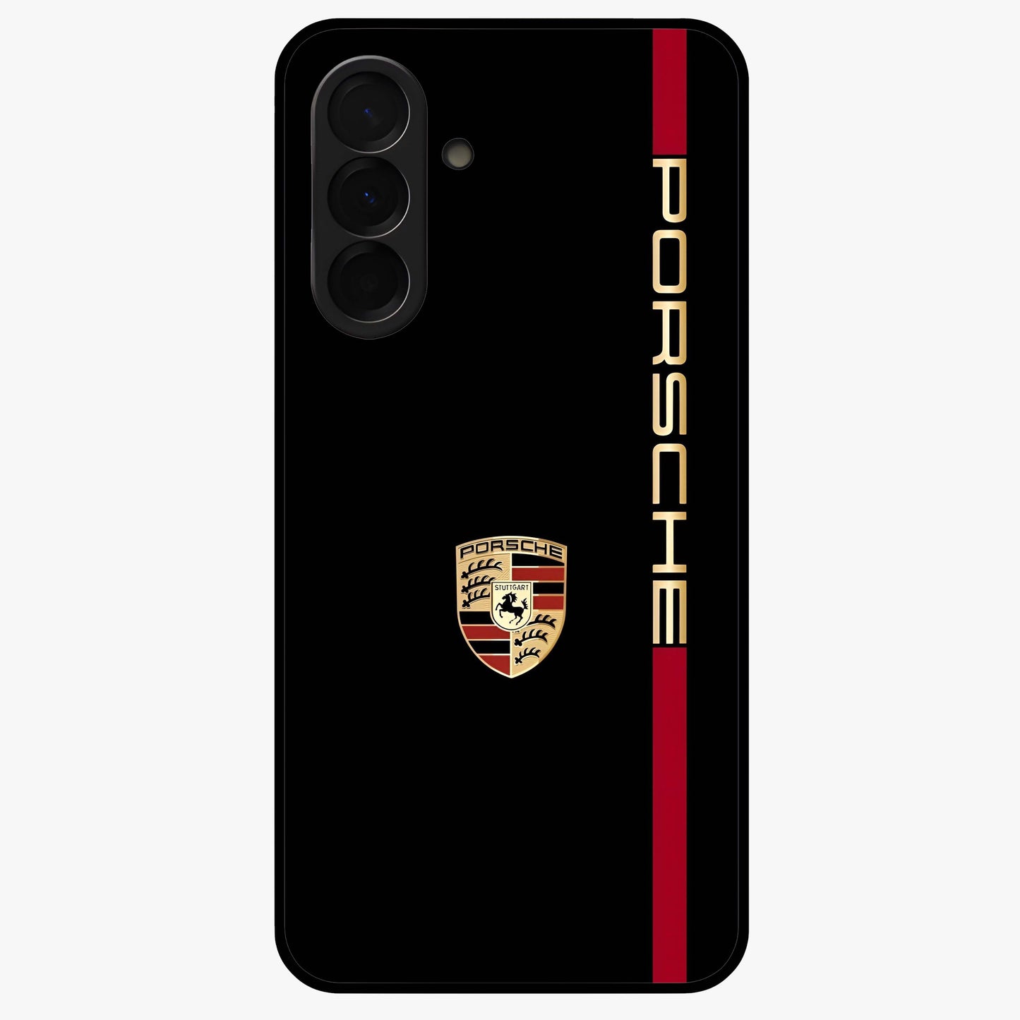 Black Minimal Porsche Glass Case showing flat back view with sleek minimal sports car artwork and glossy glass finish.
