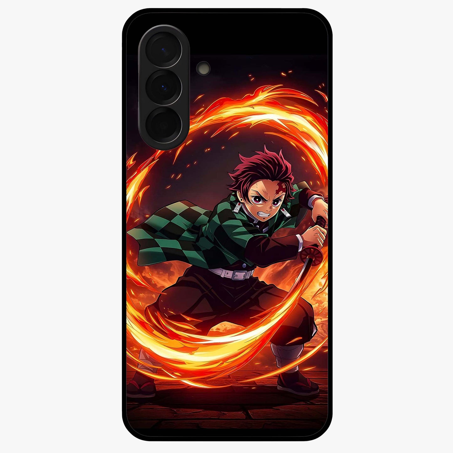 Blazing Sword Resolve Glass Case showing flat back view with fiery sword artwork and glossy glass finish.