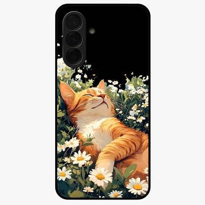 Blissful Bloom Cat Glass Case showing flat back view with cute cat and floral bloom artwork and glossy glass finish.
