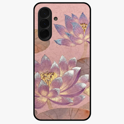 Blossom Mist Lotus Glass Case showing flat back view with serene lotus blossom artwork and glossy glass finish.