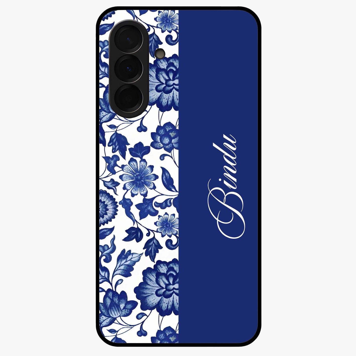 Blue Vintage Floral Pattern Glass Case upright view showcasing timeless floral illustration with vintage inspired style.
