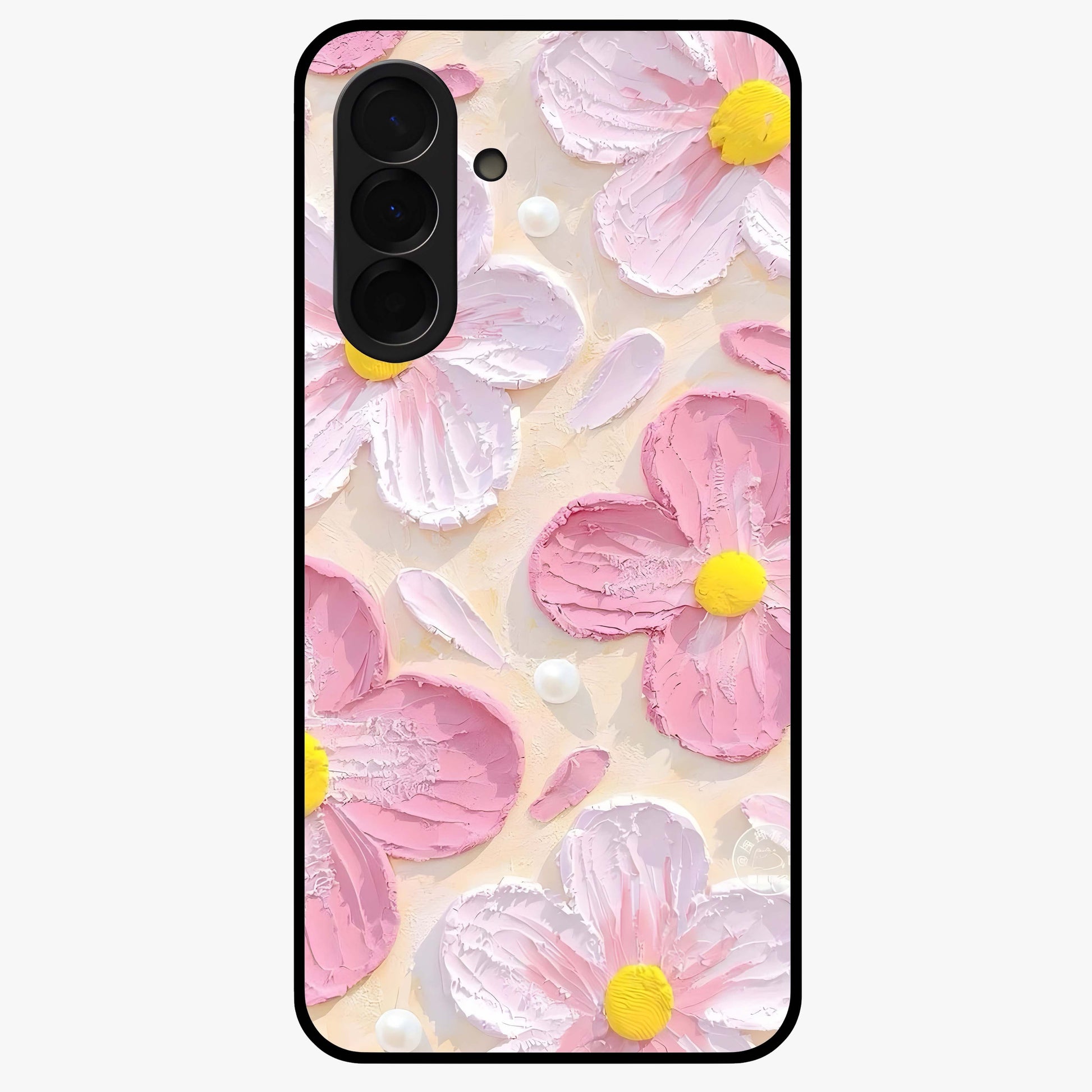 Blush Bloom Texture Glass Case showing flat back view with soft blush floral texture artwork and glossy glass finish.