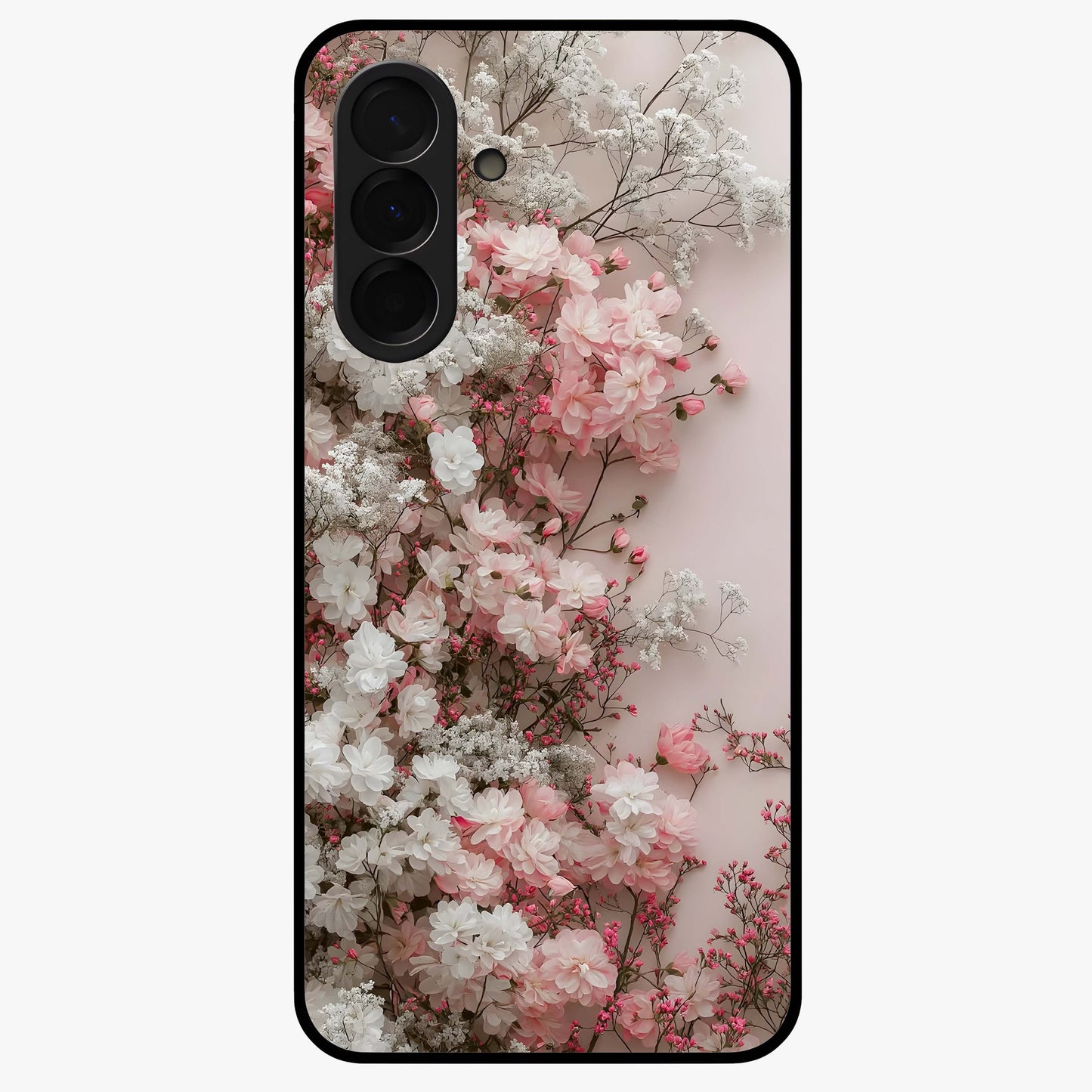 Blush Blossom Cloud Glass Case showing flat back view with dreamy blush cloud blossom artwork and glossy glass finish.
