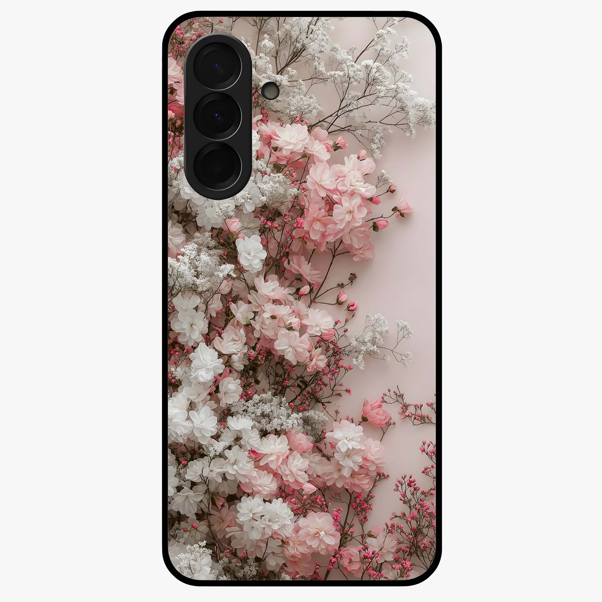 Blush Blossom Cloud Glass Case showing flat back view with dreamy blush cloud blossom artwork and glossy glass finish.