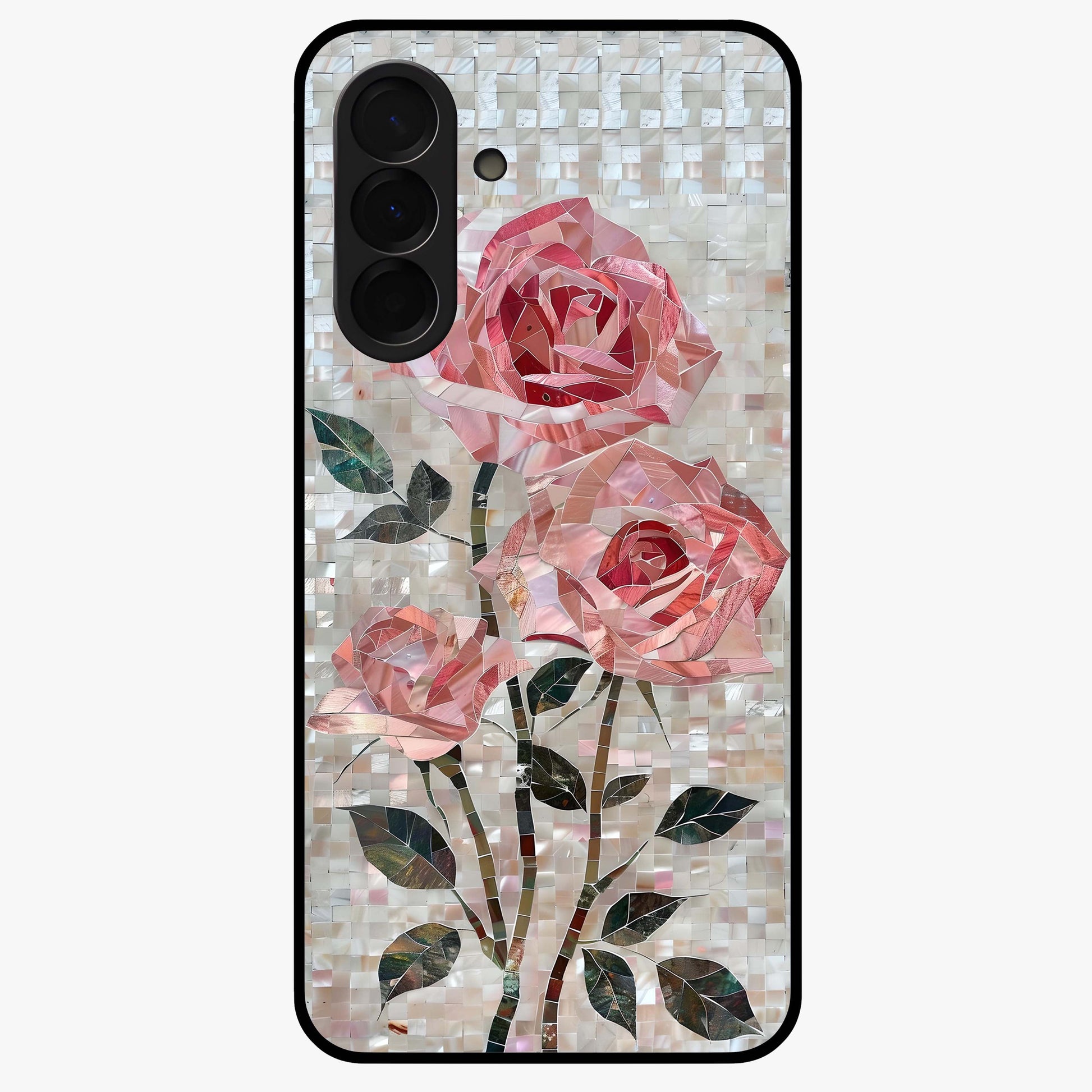 Blush Mosaic Bloom Glass Case showing flat back view with mosaic floral bloom artwork and glossy glass finish.