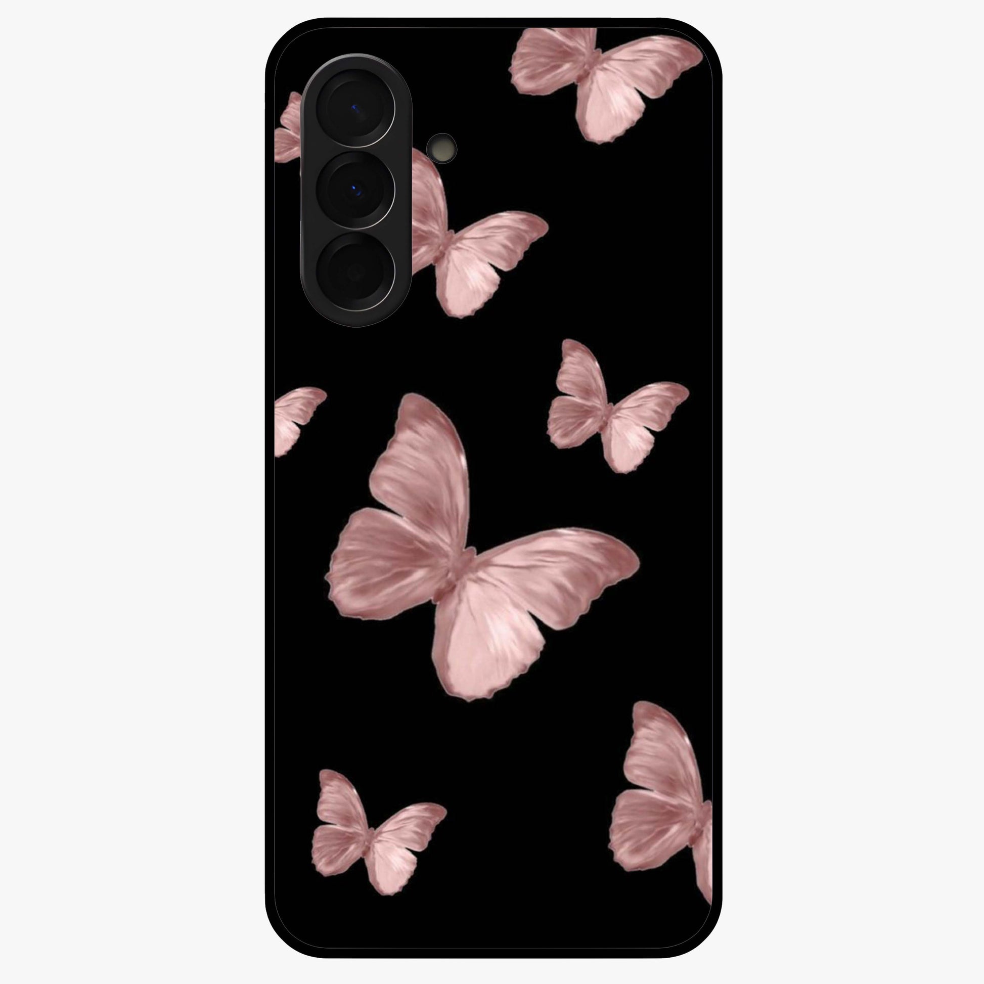 Butterfly Pattern Glass Case showing flat back view with elegant butterfly pattern artwork and glossy glass finish.