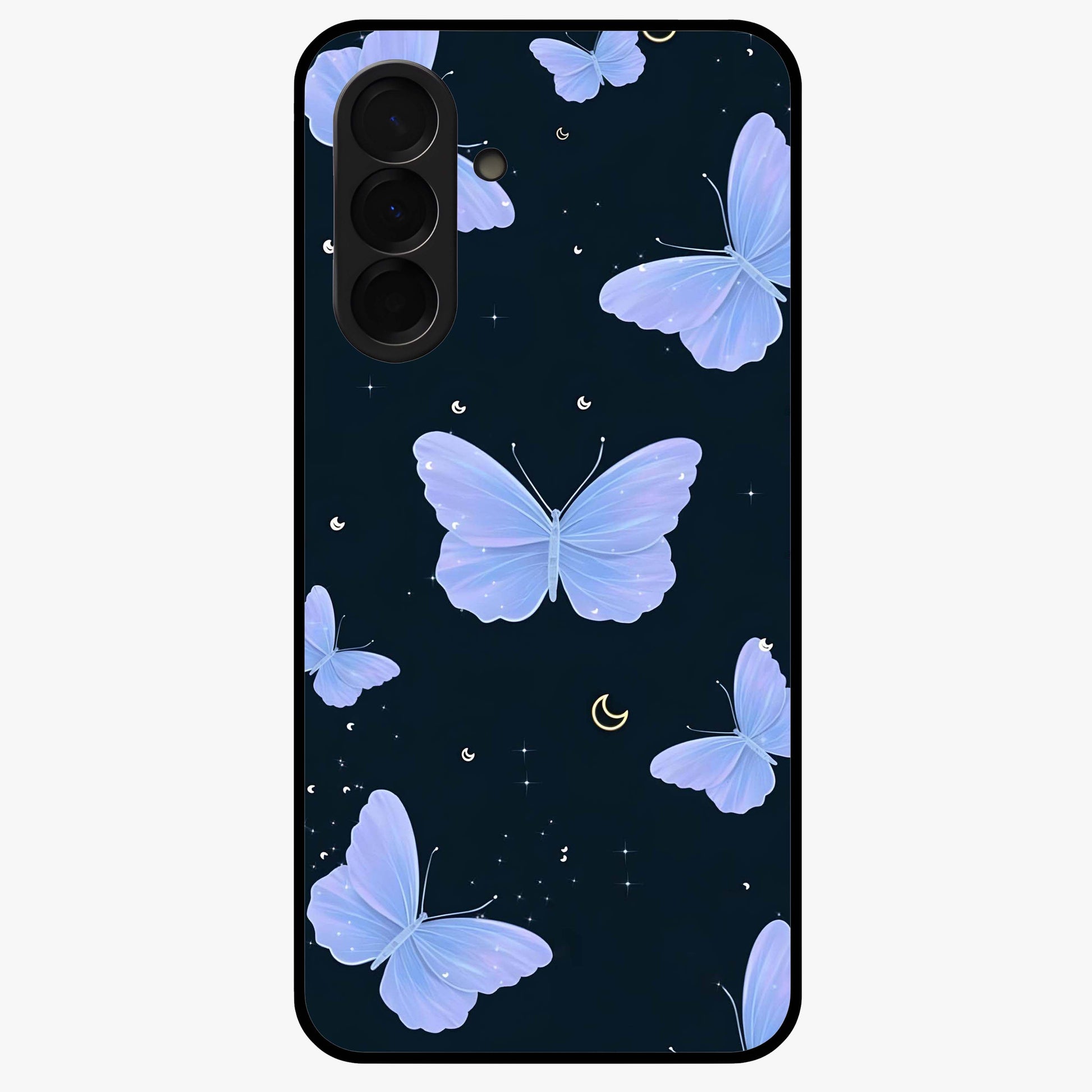 Butterfly With Stars Pattern Glass Case showing flat back view with butterfly and star pattern artwork and glossy glass finish.