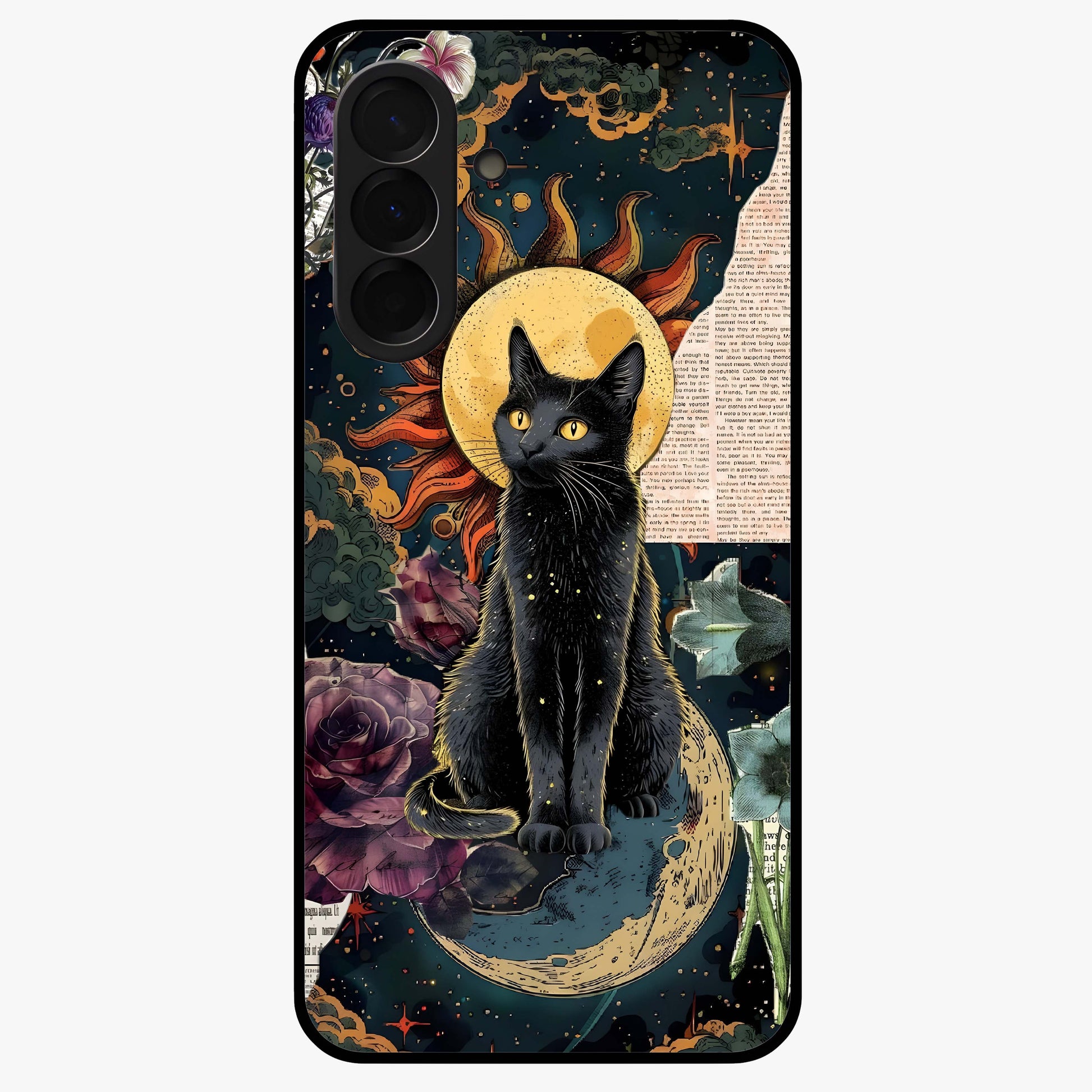 Celestial Black Cat Glass Case showing flat back view with mystical black cat artwork and glossy glass finish.