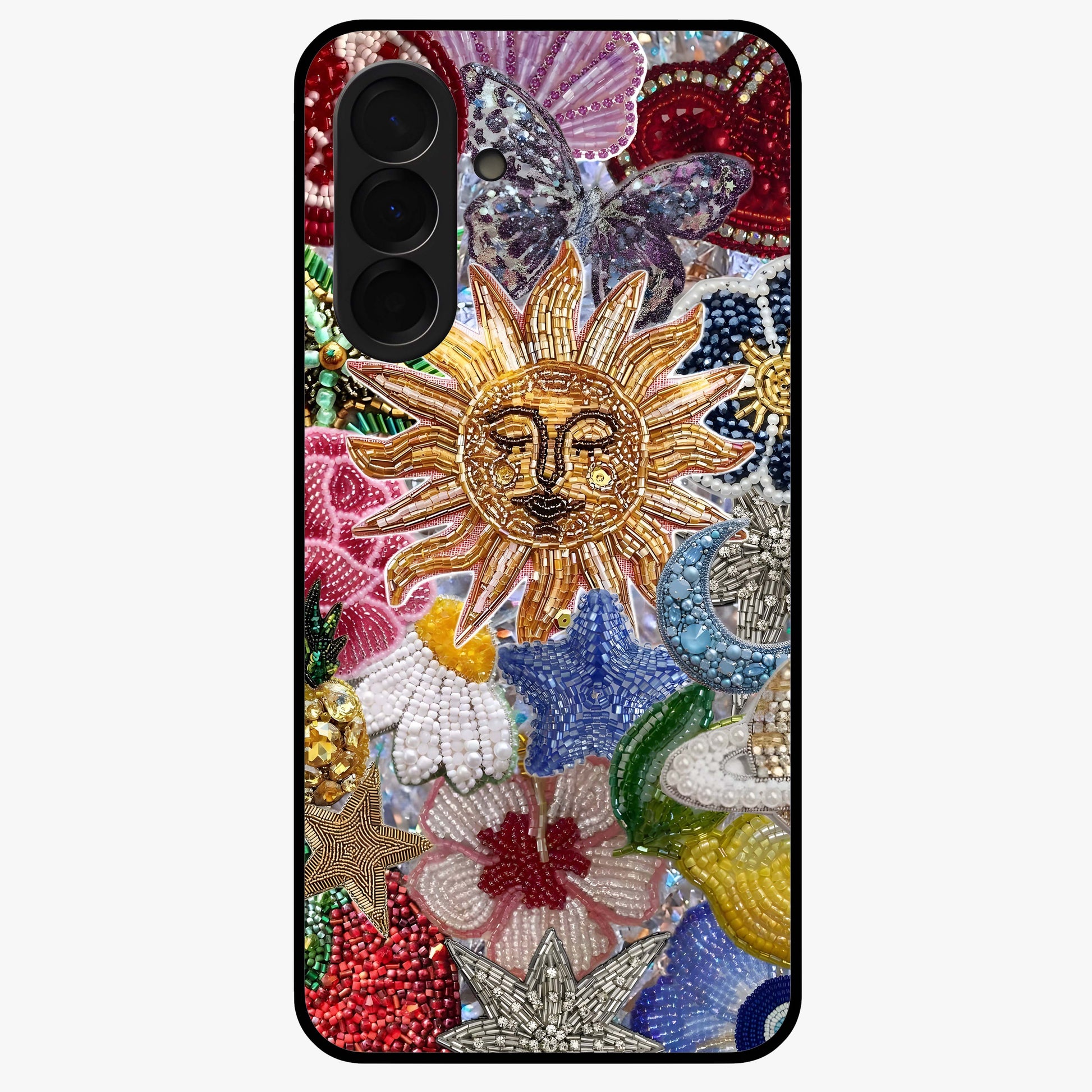 Celestial Floral and Playful Glass Case showing flat back view with floral and celestial themed artwork and glossy glass finish.