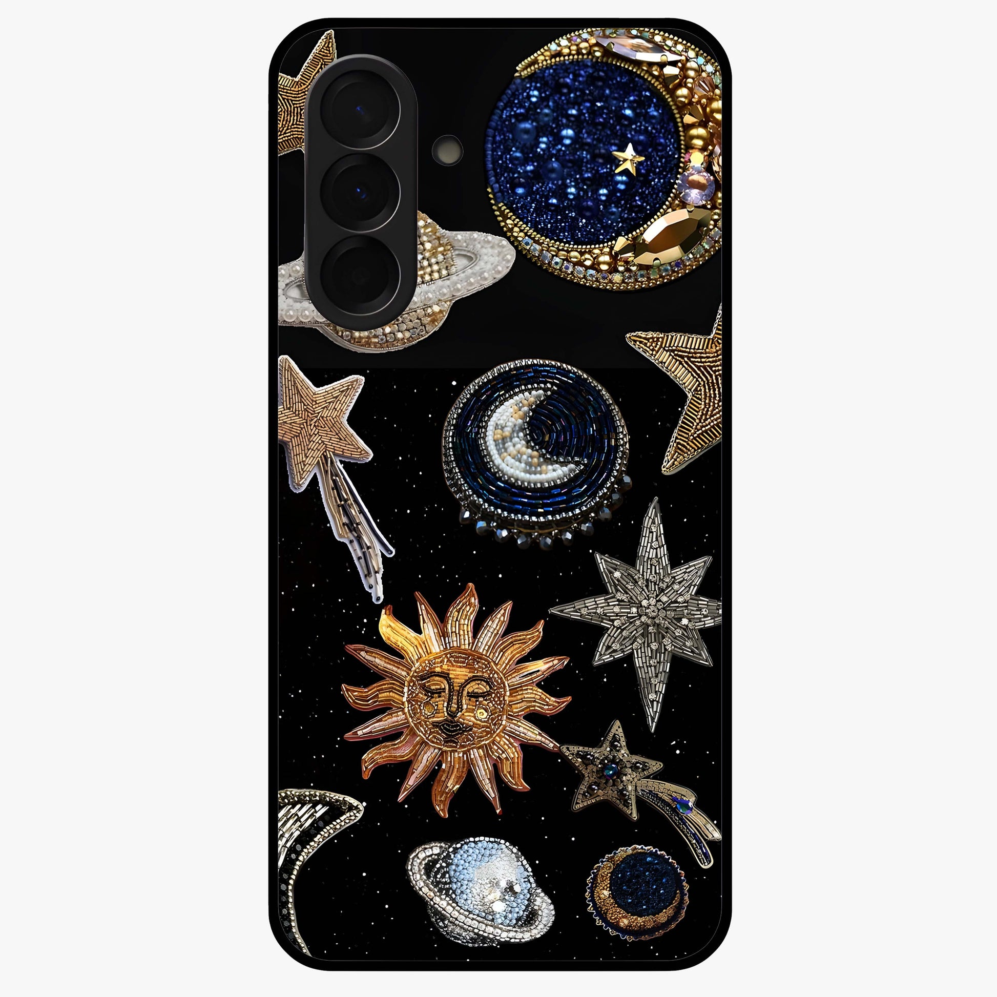 Celestial Gem Constellations Glass Case showing flat back view with sparkling constellation artwork and glossy glass finish.