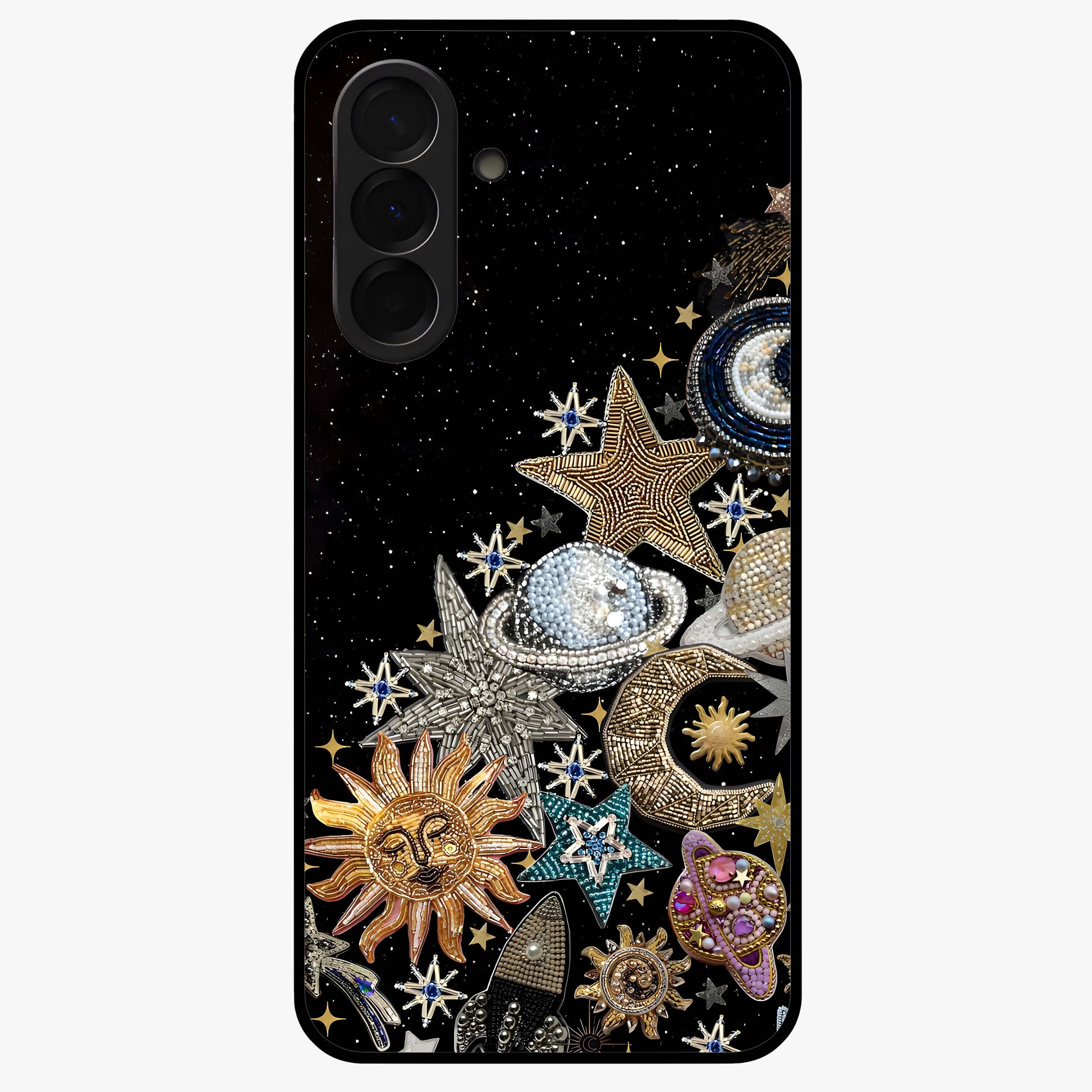 Cosmic Sparkle Dreams Glass Case showing flat back view with sparkling cosmic artwork and glossy glass finish.