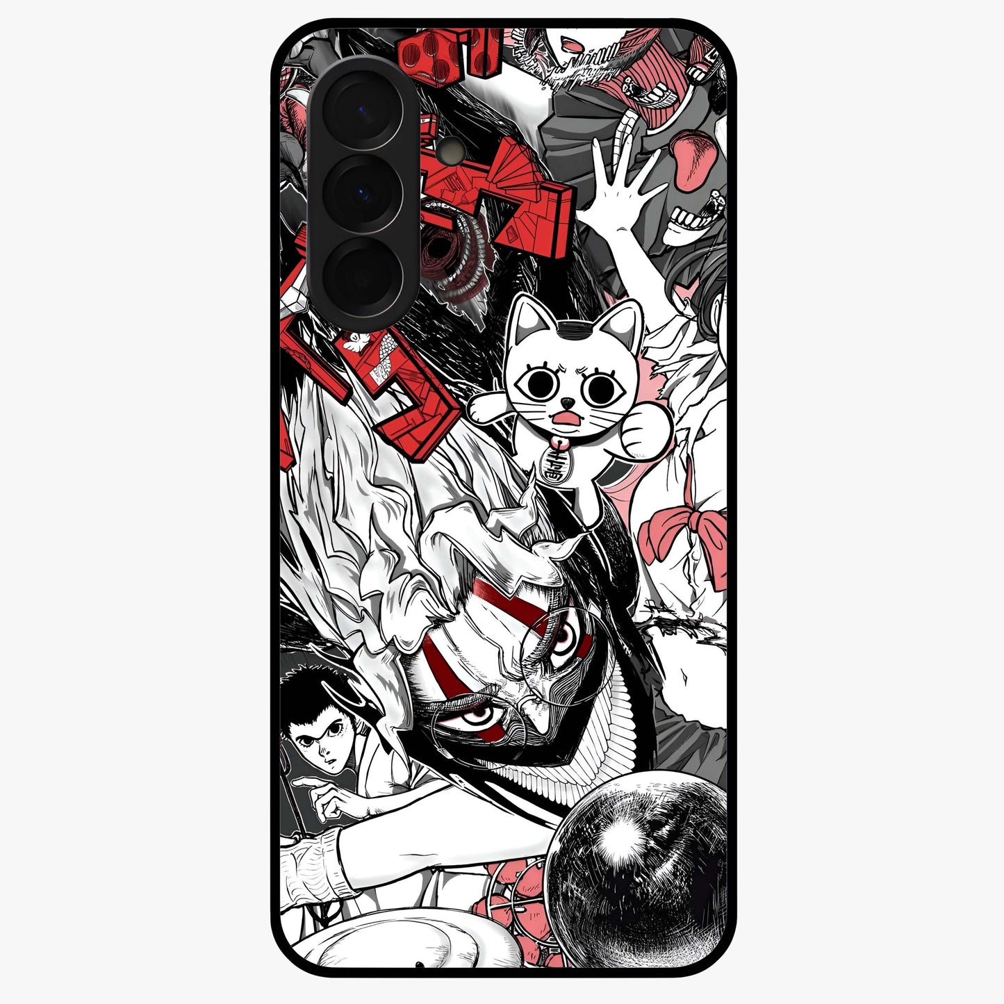 Crimson Chaos Panel Glass Case showing flat back view with bold crimson abstract artwork and glossy glass finish.