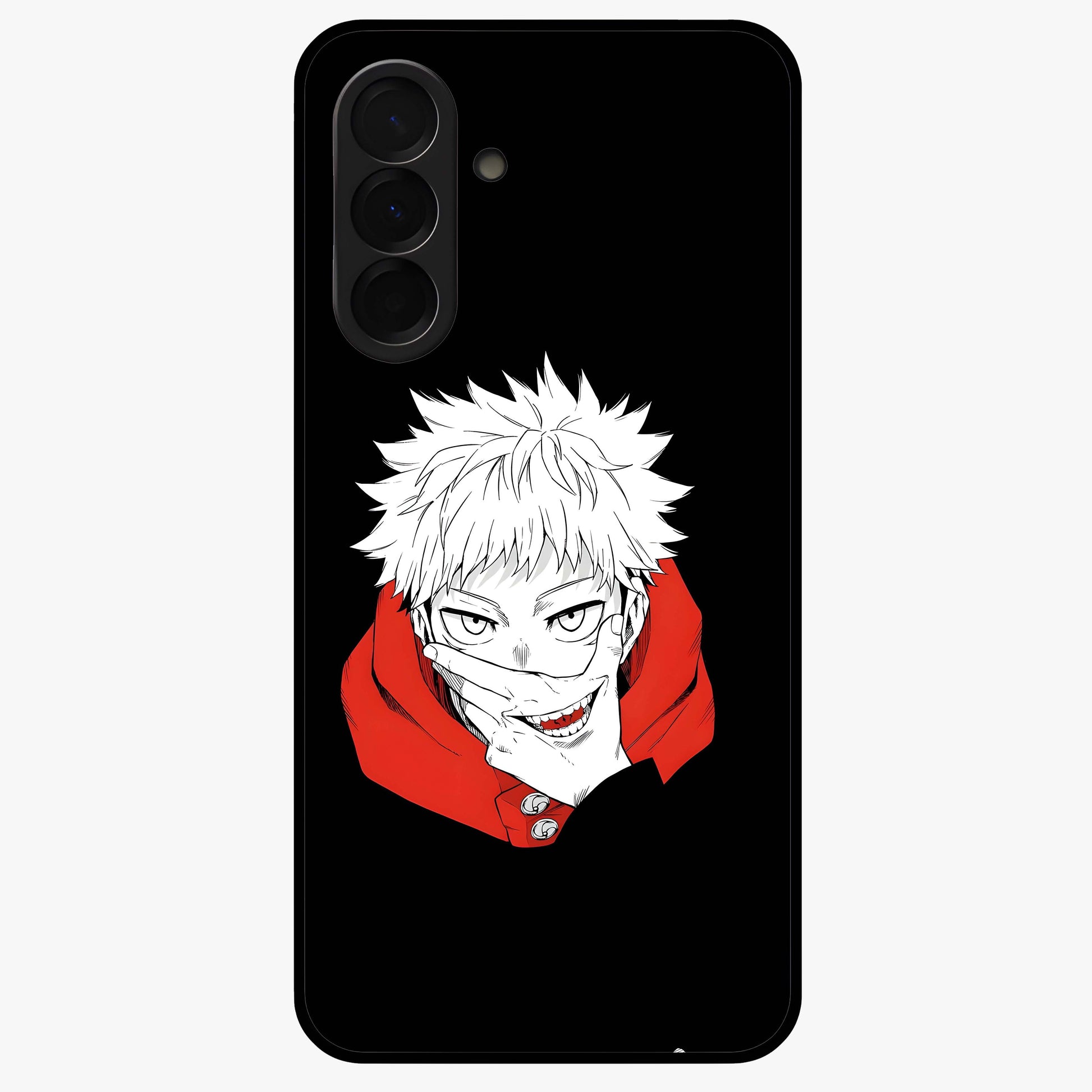 Crimson Chaos Smile Glass Case showing flat back view with bold chaotic smile artwork and glossy glass finish.